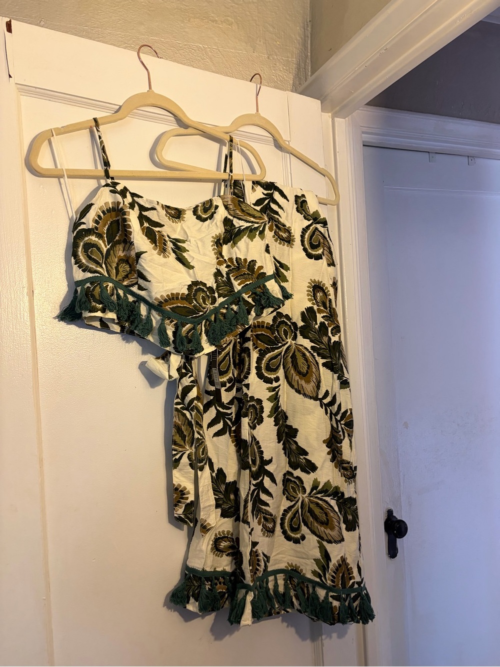 Green Floral Off-Shoulder 2pc with Tassel Trim